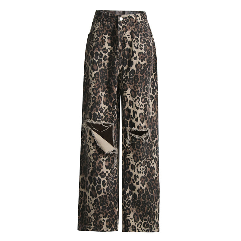 Autumn American Retro Leopard Print High Waisted Slim Fit Straight Jeans Ripped Denim Pants 8