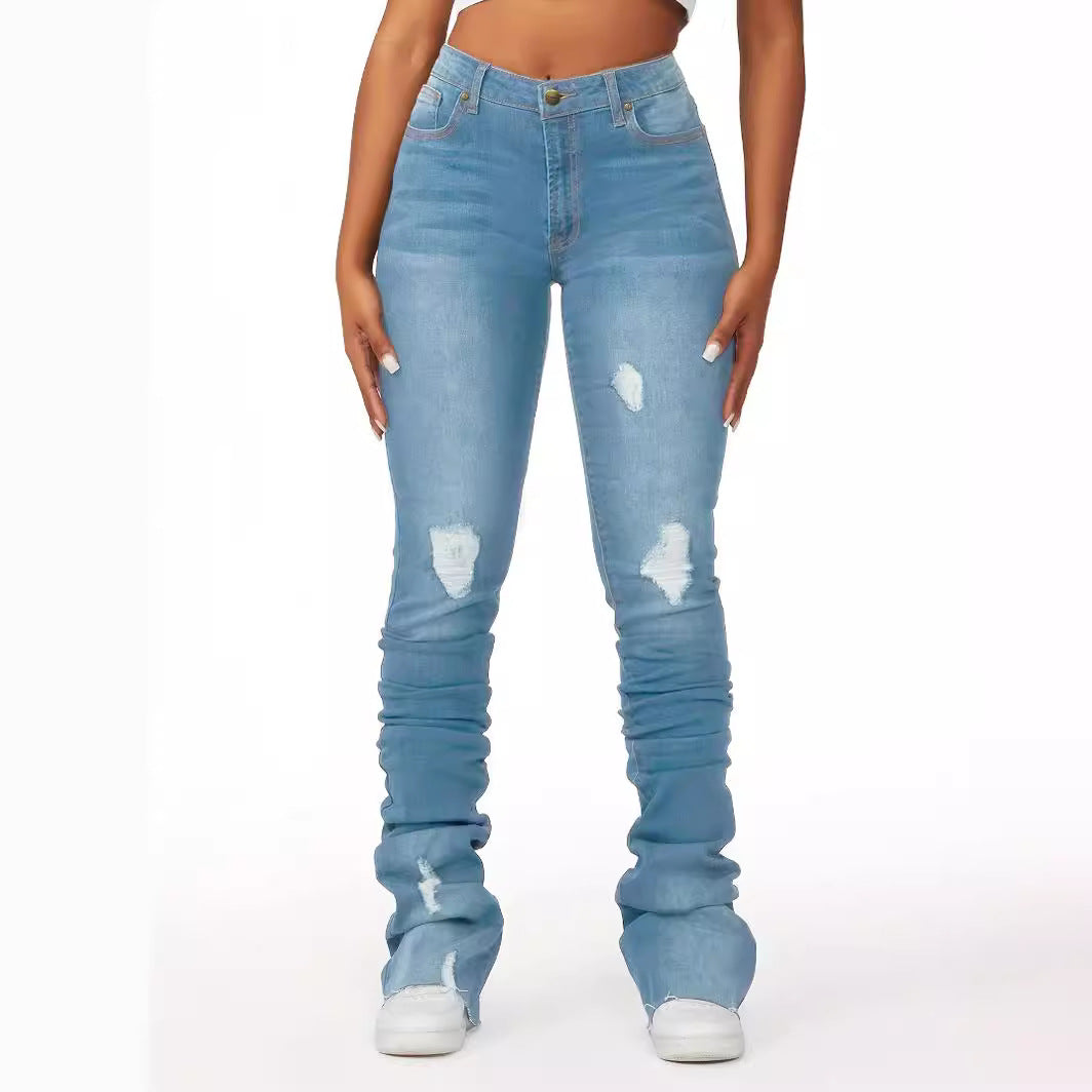 High-Waisted Women's Denim Bell Bottom Pants Trendy Slim Fit Ripped Women's Jeans 9