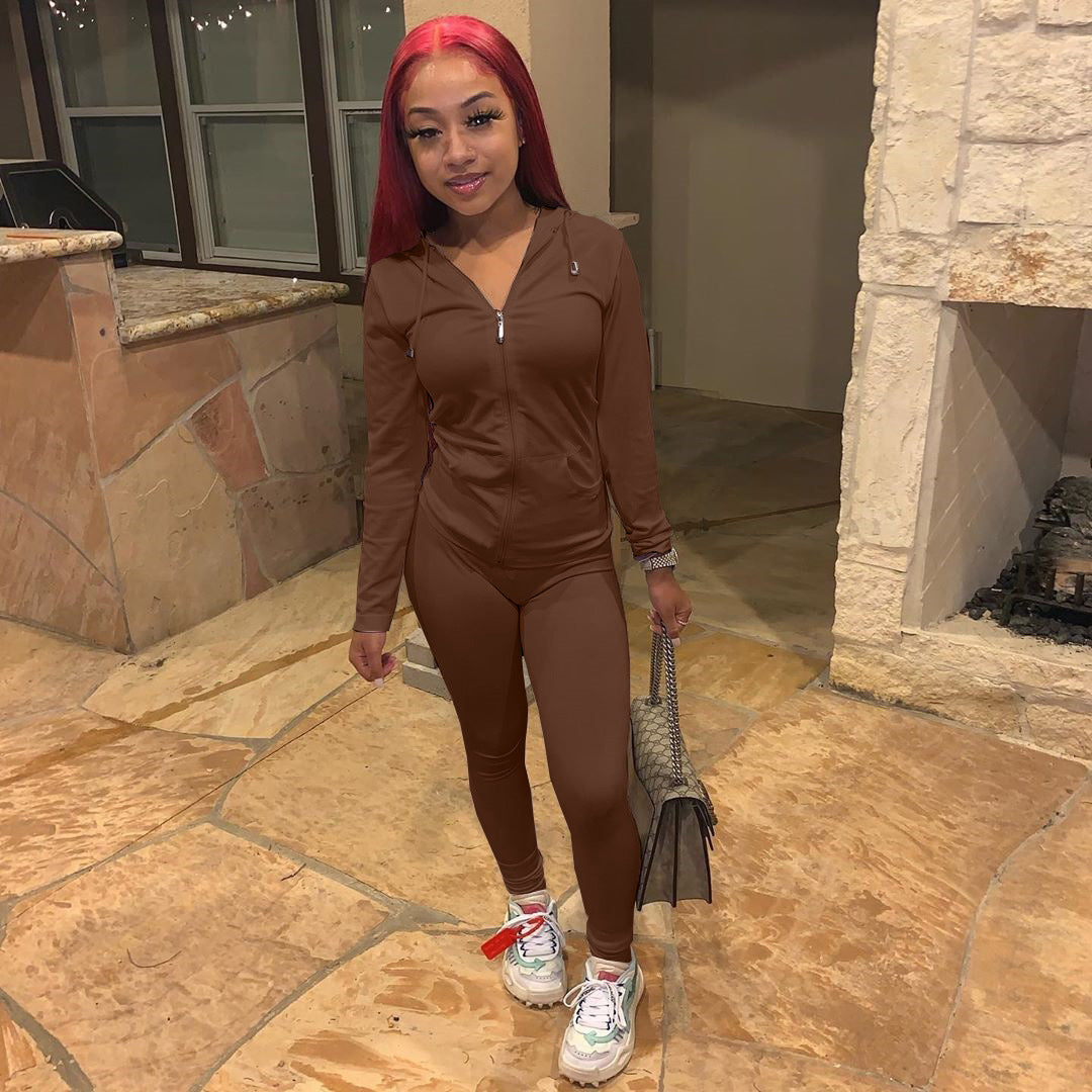 Women Summer Sports Hooded Full Sleeves Solid Pockets Regular Two Piece Pants Set 19