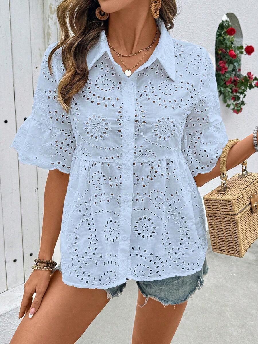 Women spring and summer Half-Sleeve Turndown Collar cardigan lace hollow T-shirt