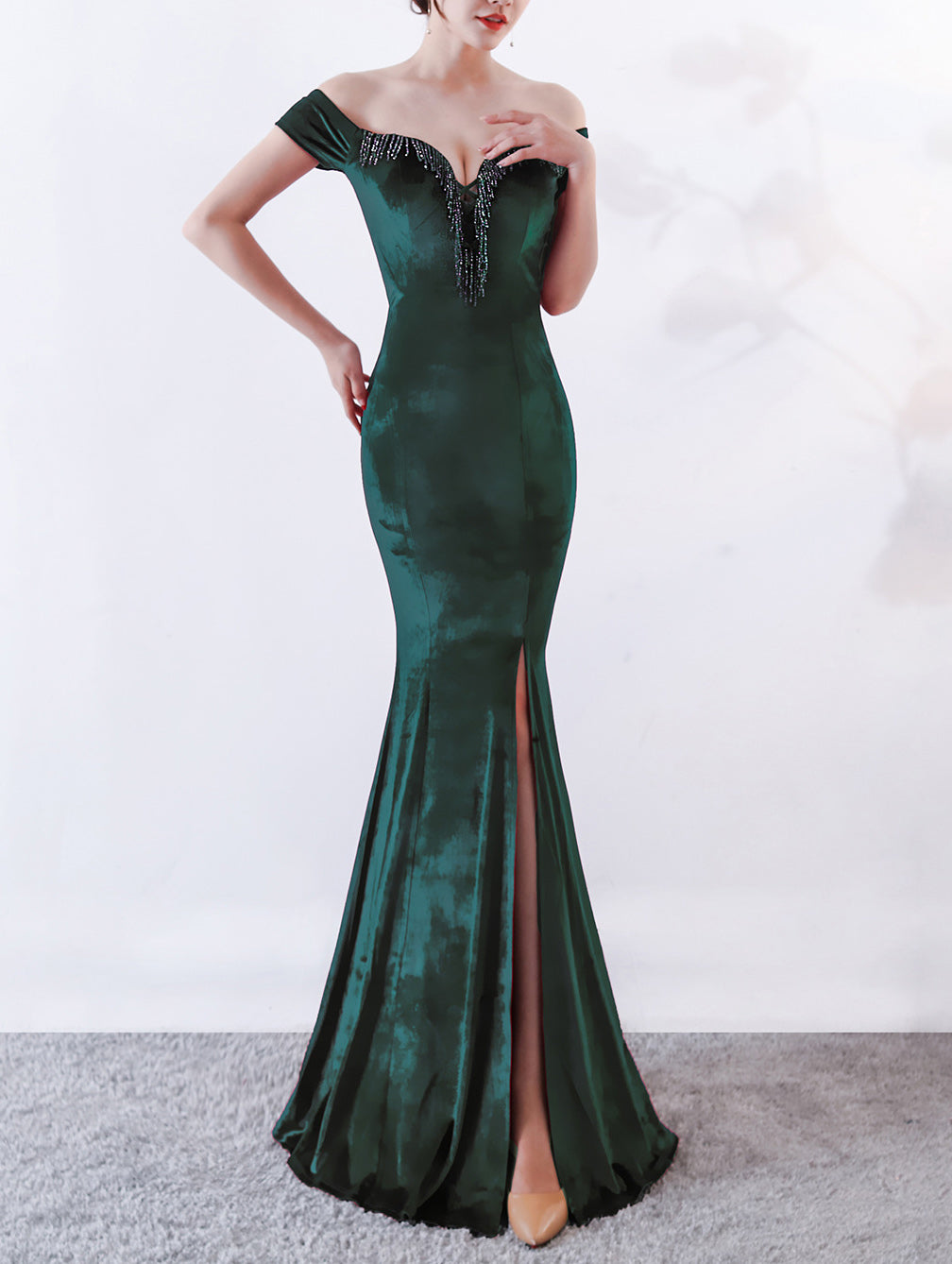sexy off shoulder mermaid long velvet Formal Party evening dress 3