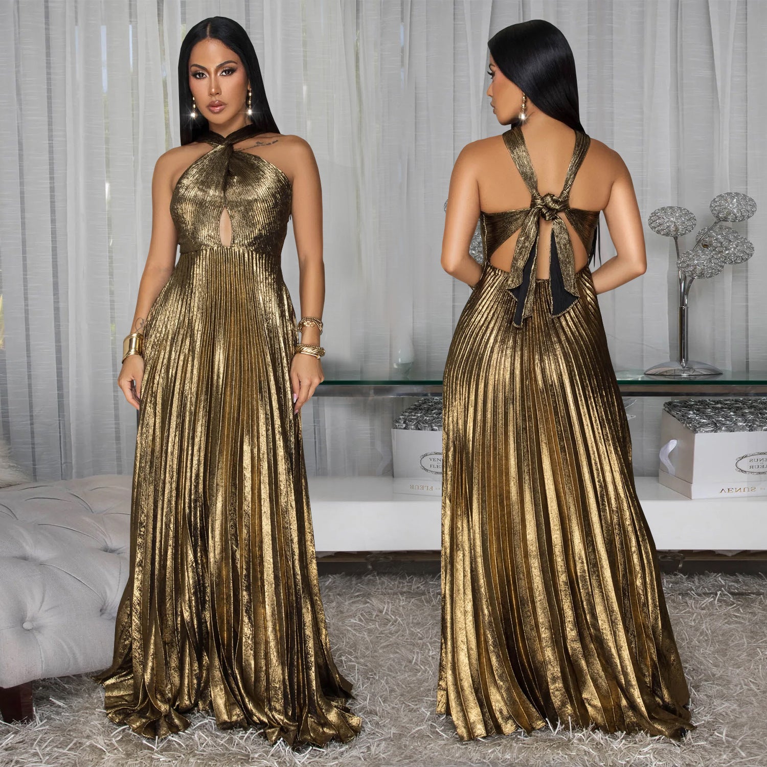 Fashion Women's Elegant Shiny Solid Color Pleated Long Dress 4