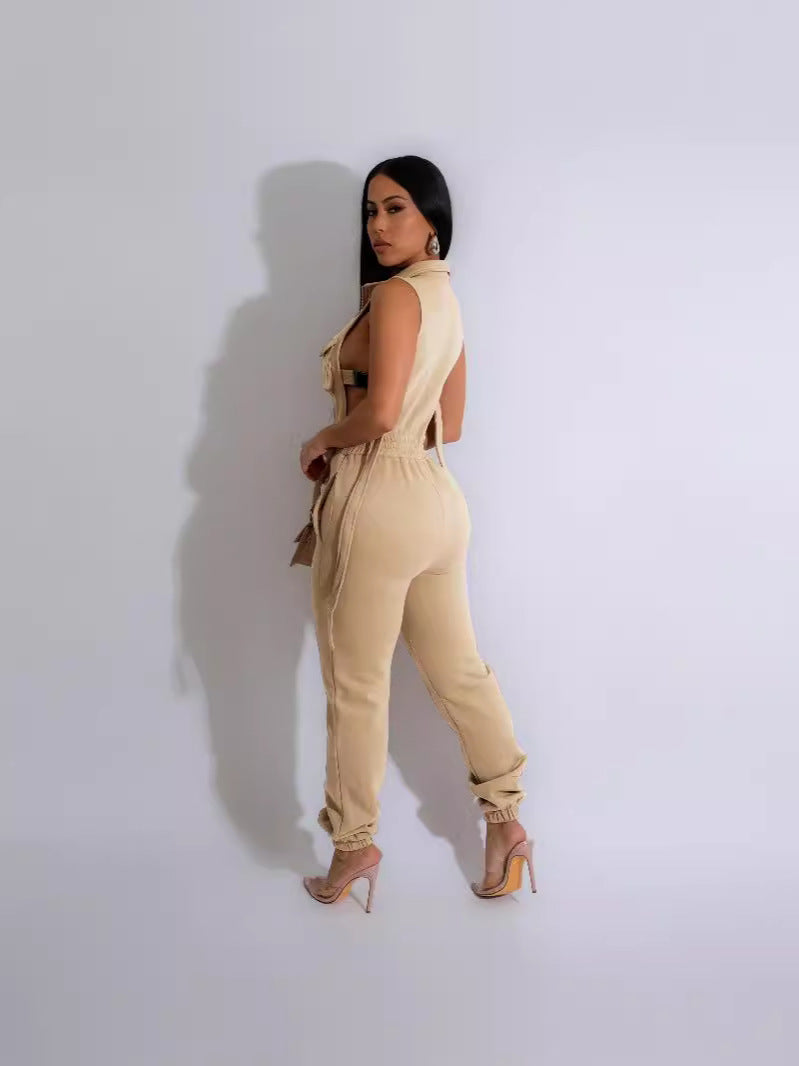 Women spring and summer zippered sleeveless fleece Cargo Jumpsuit 3