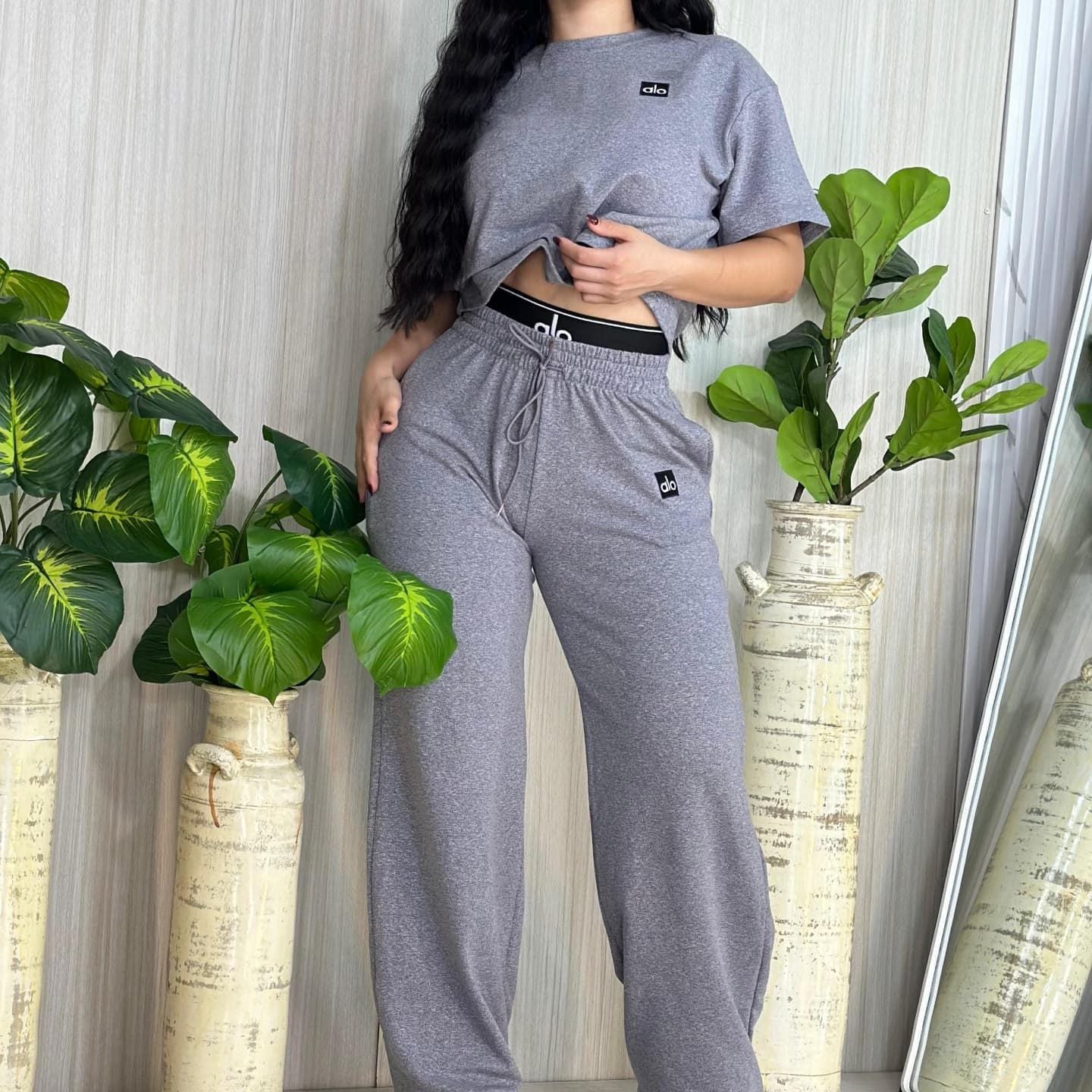 Fashion Casual Set Embroidered Letter Double Waistband High Waist Wide Leg Pants Set 5