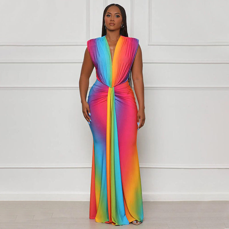 Fashion Women's Sleeveless Printed Sexy Deep V Slim Dress 4