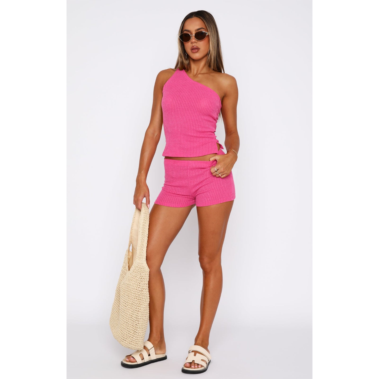 Women's One Shoulder Sleeveless Sweater Ribbed Shorts Two Piece Set 64