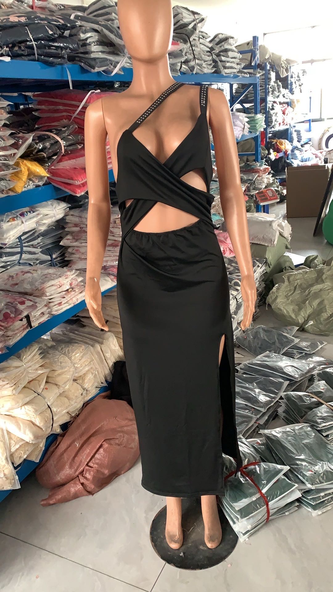 Summer Women Casual Irregular Shoulder Straps Beaded Slit Hollow Bodycon Sleeveless Dress 6