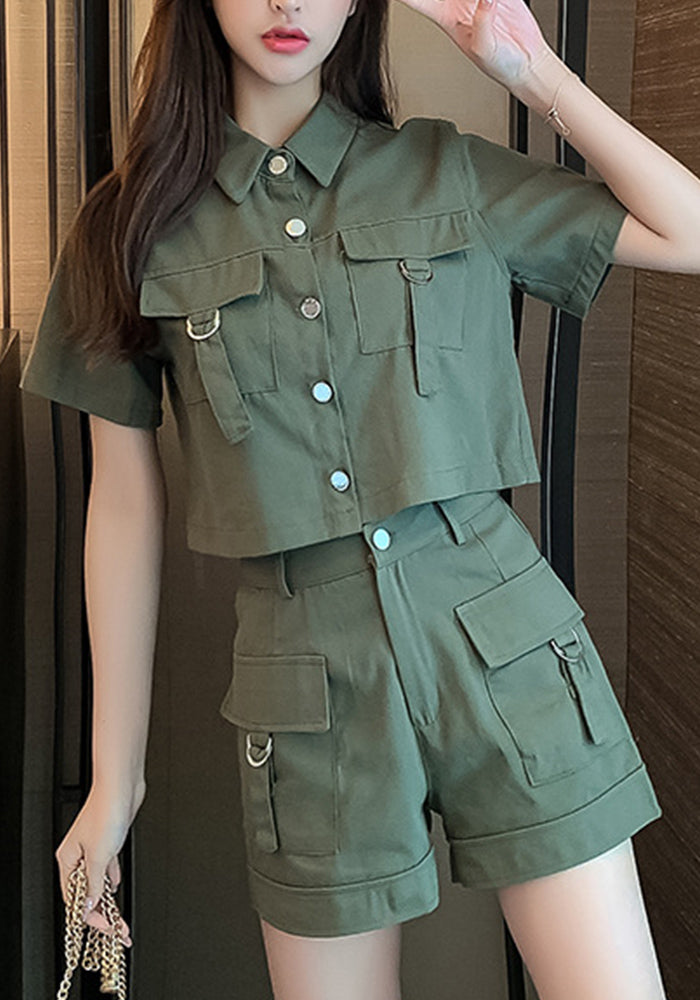 Two-piece summer Cargo style short-sleeved jacket wide-leg shorts women's suit