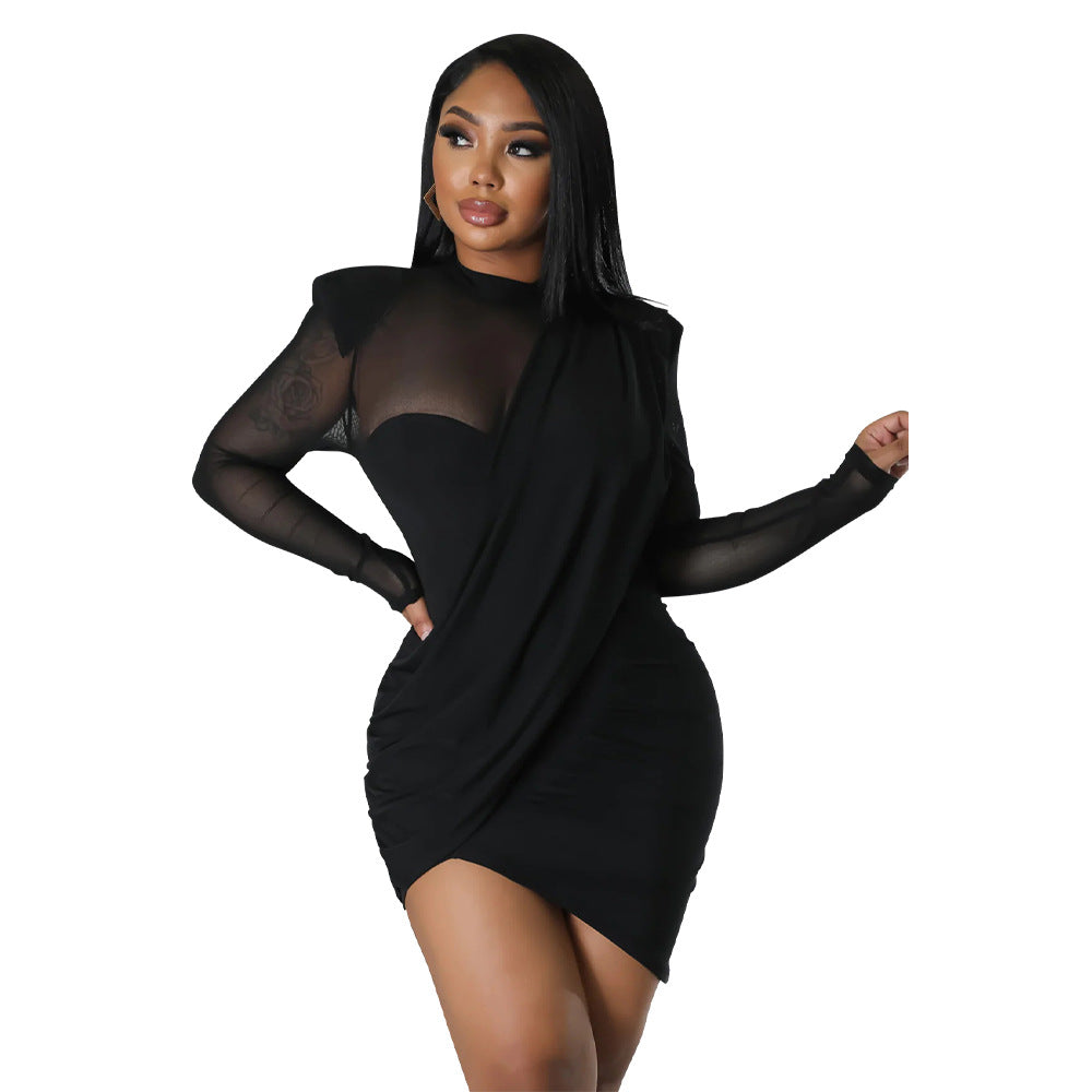 Women's mesh patchwork see through patch Slim Waist dress 4