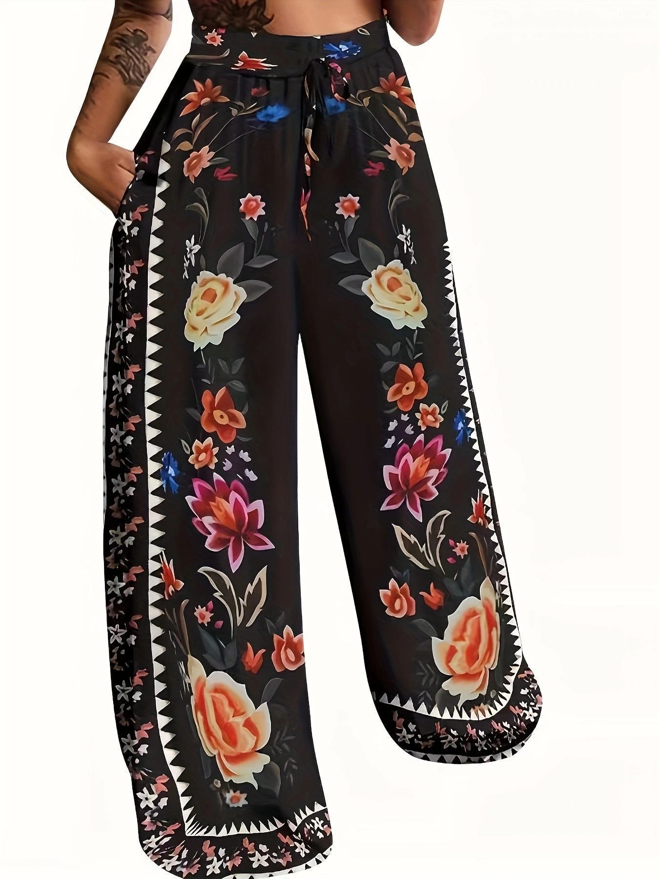 Plus Size Women Fall Casual Lace-up Print Wide-leg Pants 4