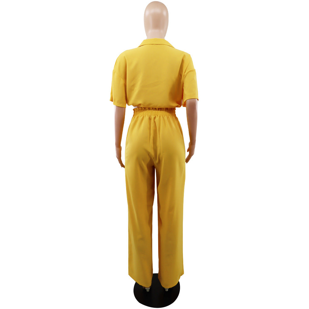 Women Short Polo Collar Crop Top and Pants Two-Piece Set 13