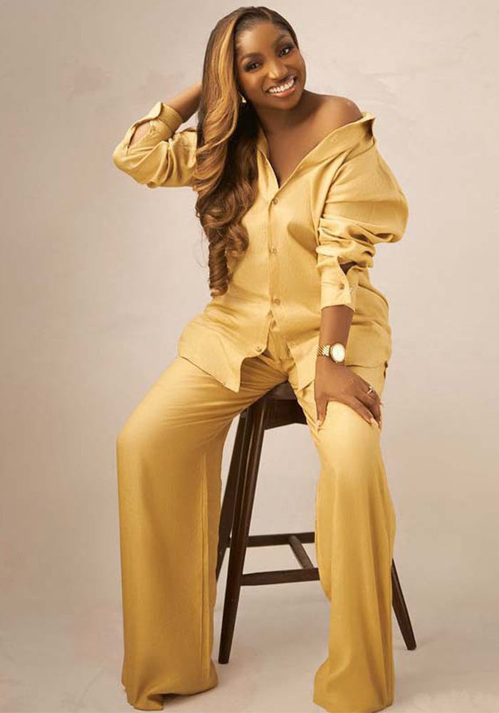 Plus Size Women African Casual Long Sleeve Shirt Pants Two-piece Set