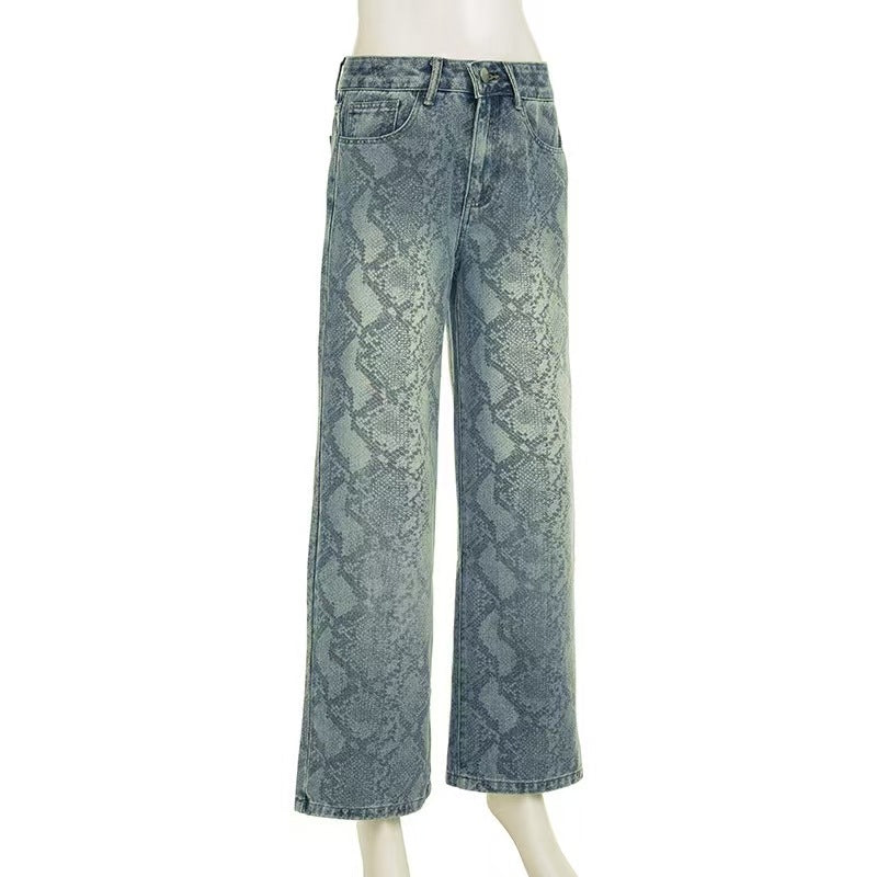 Women casual snake print denim Pant 9