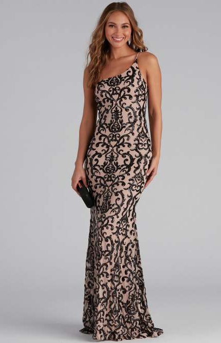 Women chic sequin sexy slash shoulder formal party evening dress