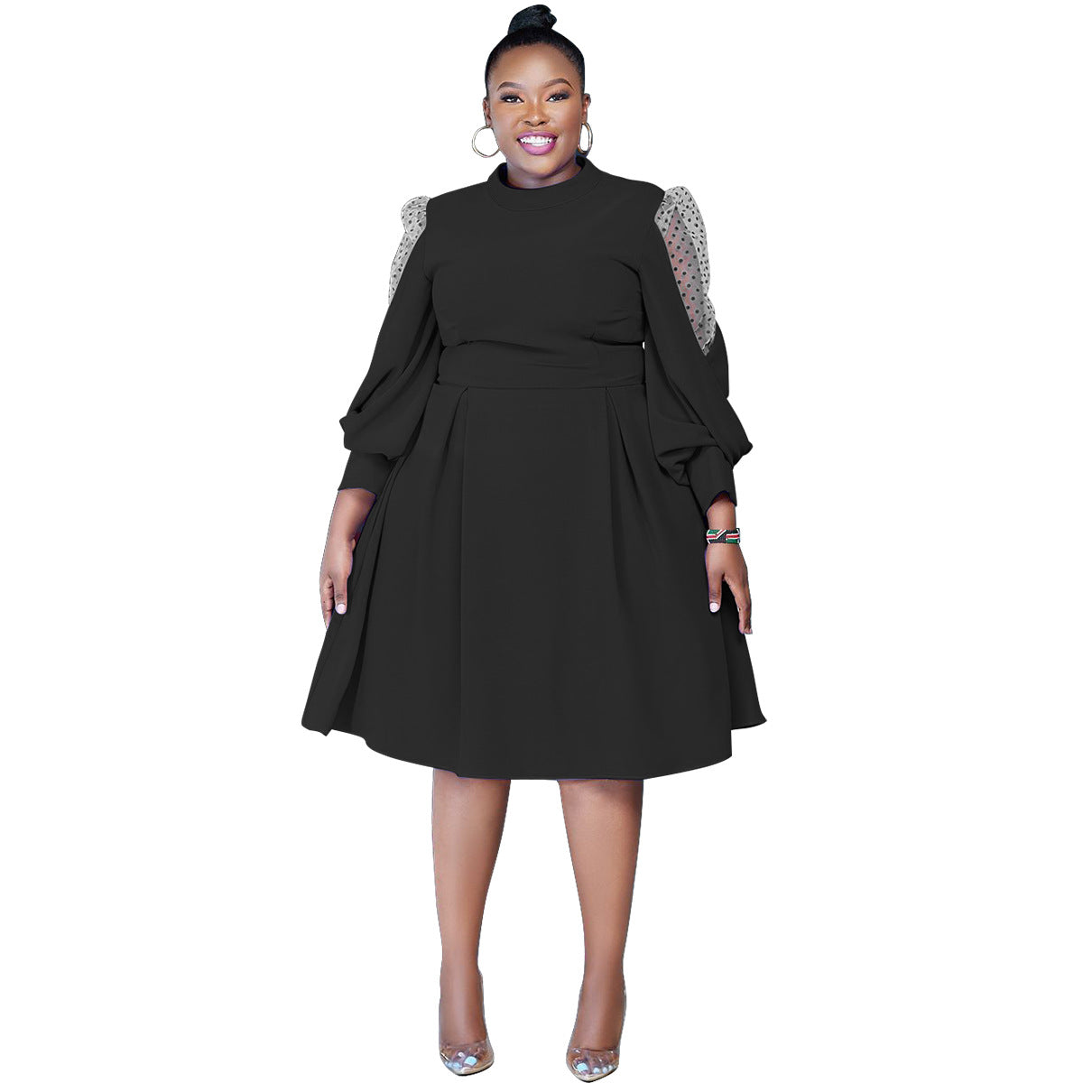 Autumn Polka Dot Mesh See-Through Lantern Sleeve Slim Waist Plus Size Dress 6