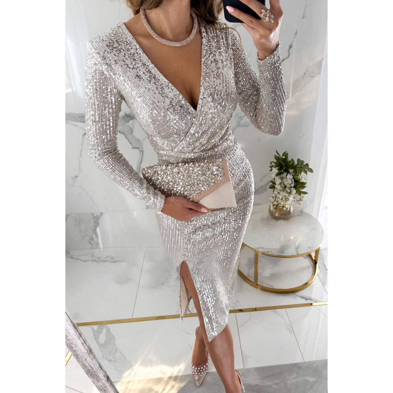 Women Party Sequin Slit Long Sleeve Dress