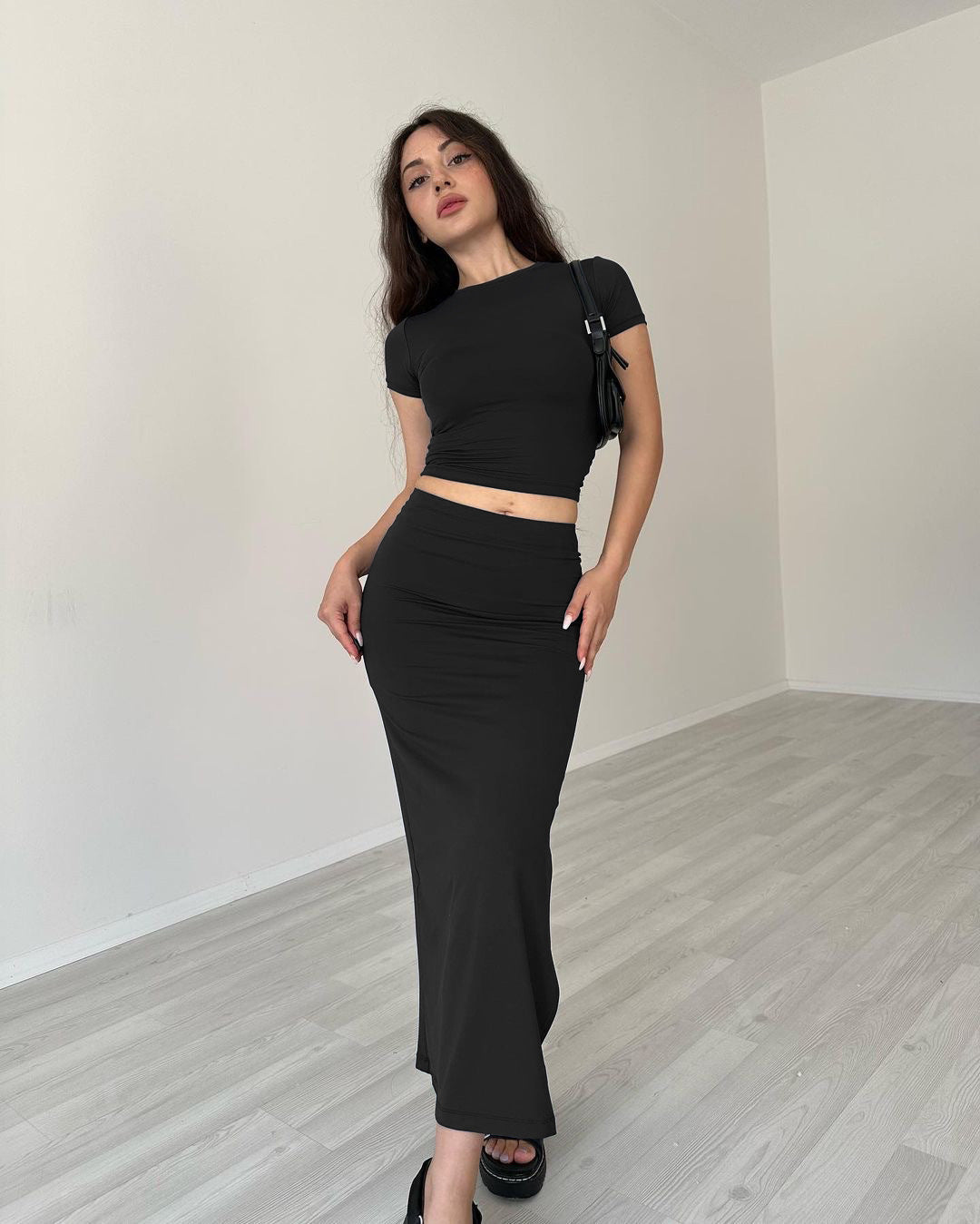 Summer Women's Fashion Casual Solid Color Round Neck Short Sleeve Top Long Skirt Set