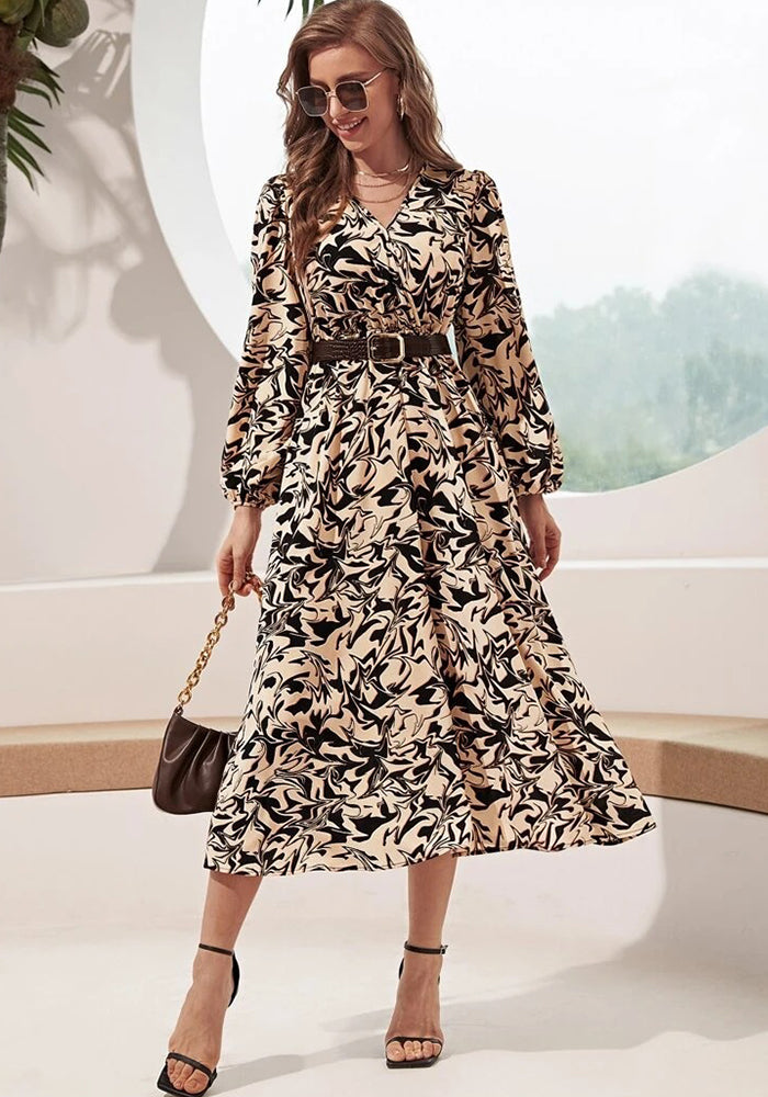Women printed long-sleeved dress (without belt)