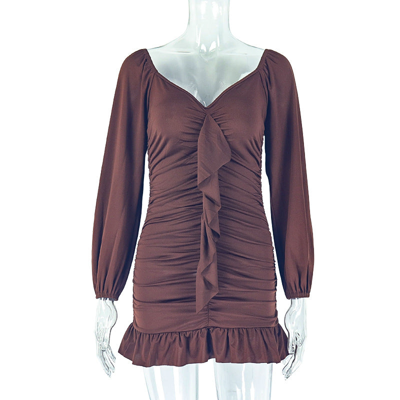 Loose Pleated U Neck Low Back Long Sleeve Dress Casual Comfort 7