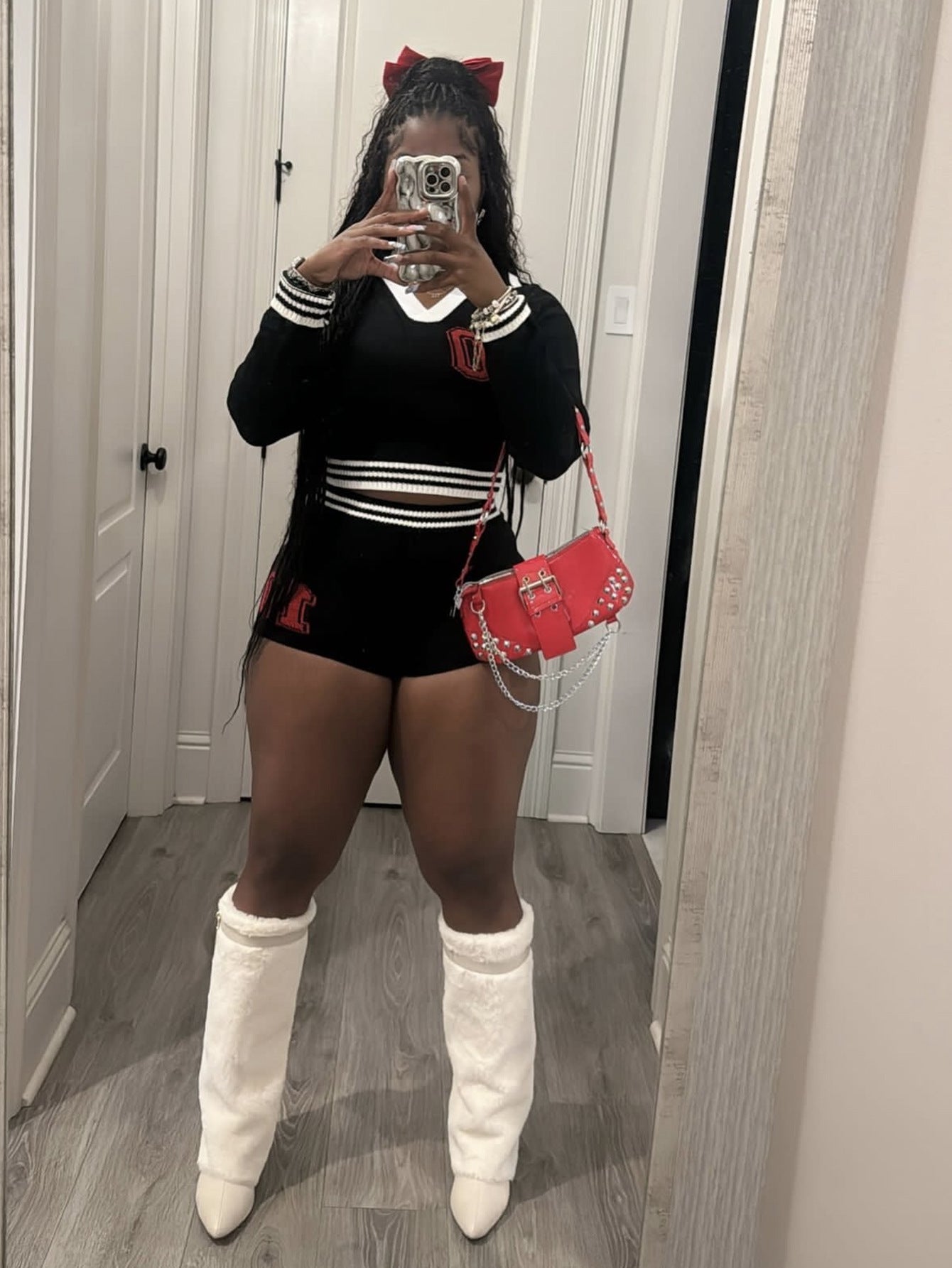 Women autumn turndown collar contrast color long-sleeved top shorts two-piece set 7