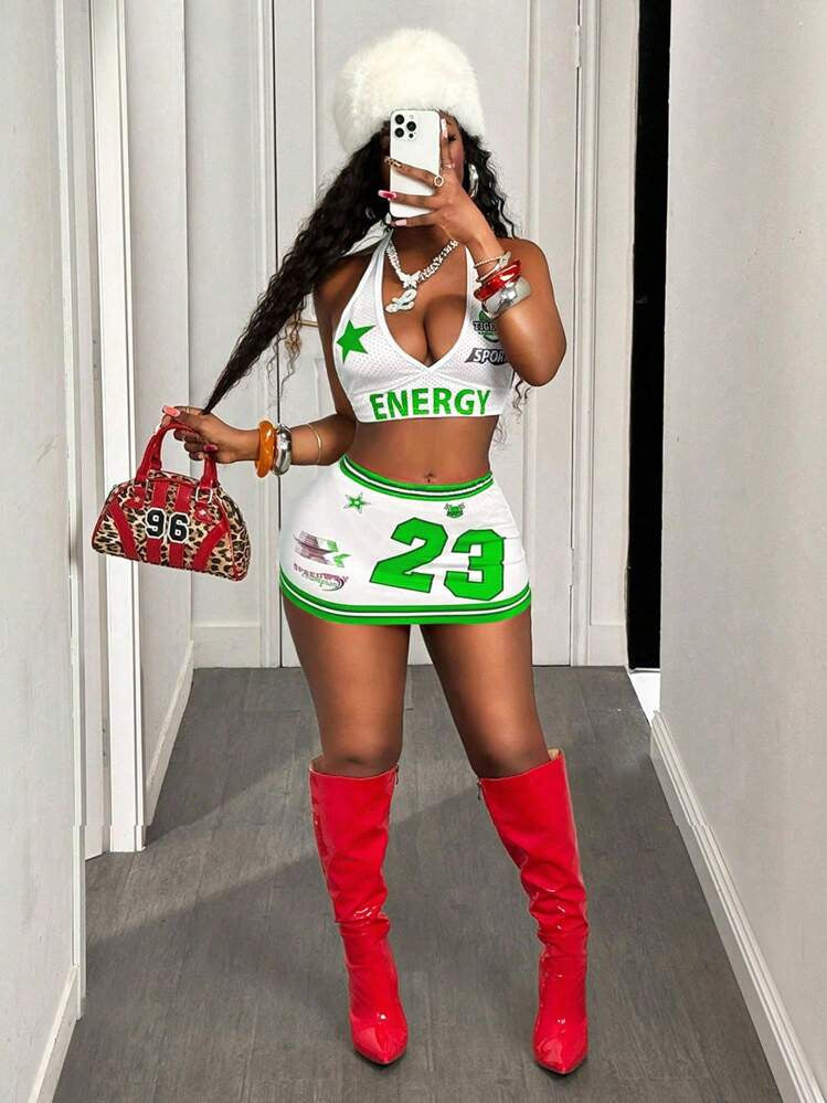 Summer sexy Halter Neck beach Lace-Up top short skirt two-piece set for women 7