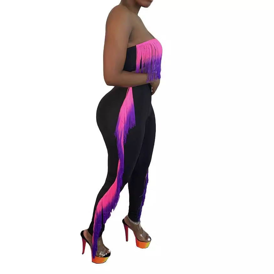 Women's Fashion Sexy Gradient Tassel Strapless Two-Piece Pants Set 4