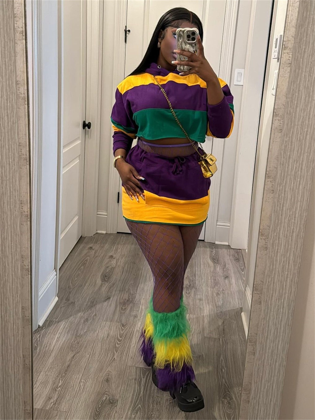 Contrast color trendy striped loose short top lace-up Bodycon short skirt set 6