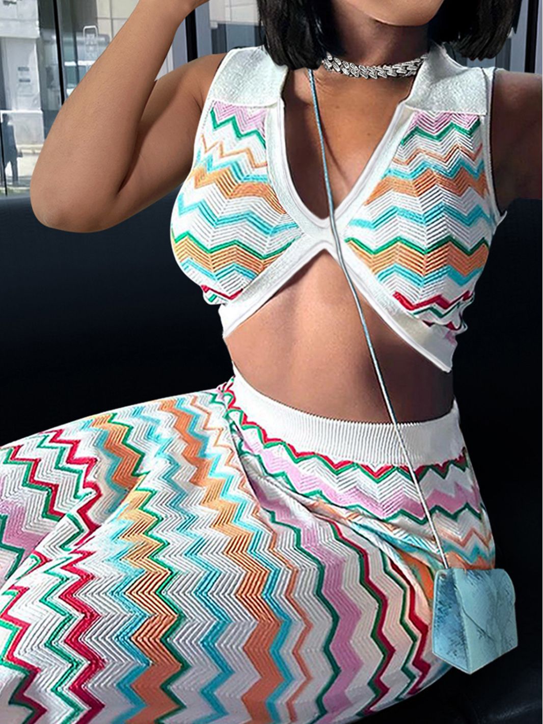 Summer Women's Sexy Contrasting Color Tank Top Slit Skirt Casual Two-Piece Set 4