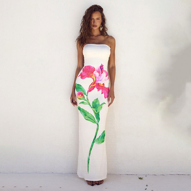 Holiday Style Flower Print Contrast Color Low Back Strapless Long Dress 4