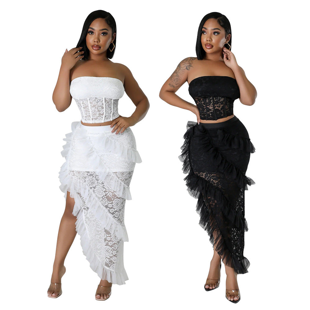 lace Strapless top irregular skirt solid color women two-piece set 12