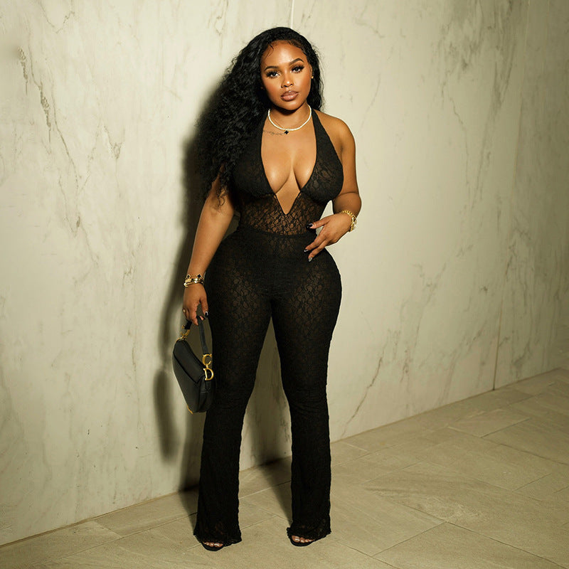 Women Fall Sexy Halter Neck V-Neck Lace See-Through Lace-Up Backless Jumpsuit 4