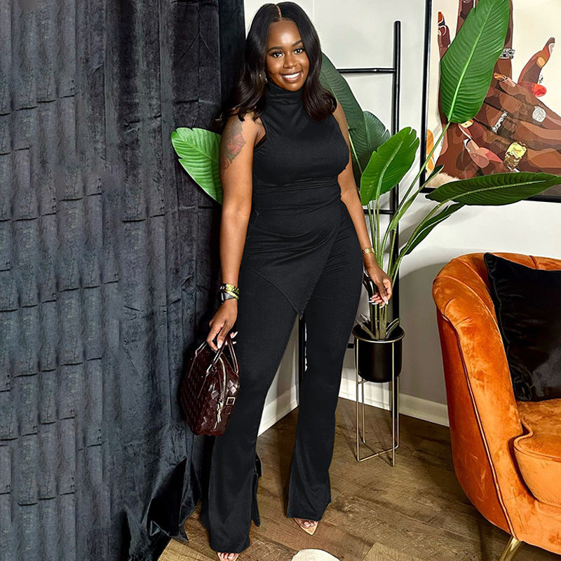 Women Summer Solid Sleeveless High Neck Slit Top Trousers Casual Two Piece Set 4