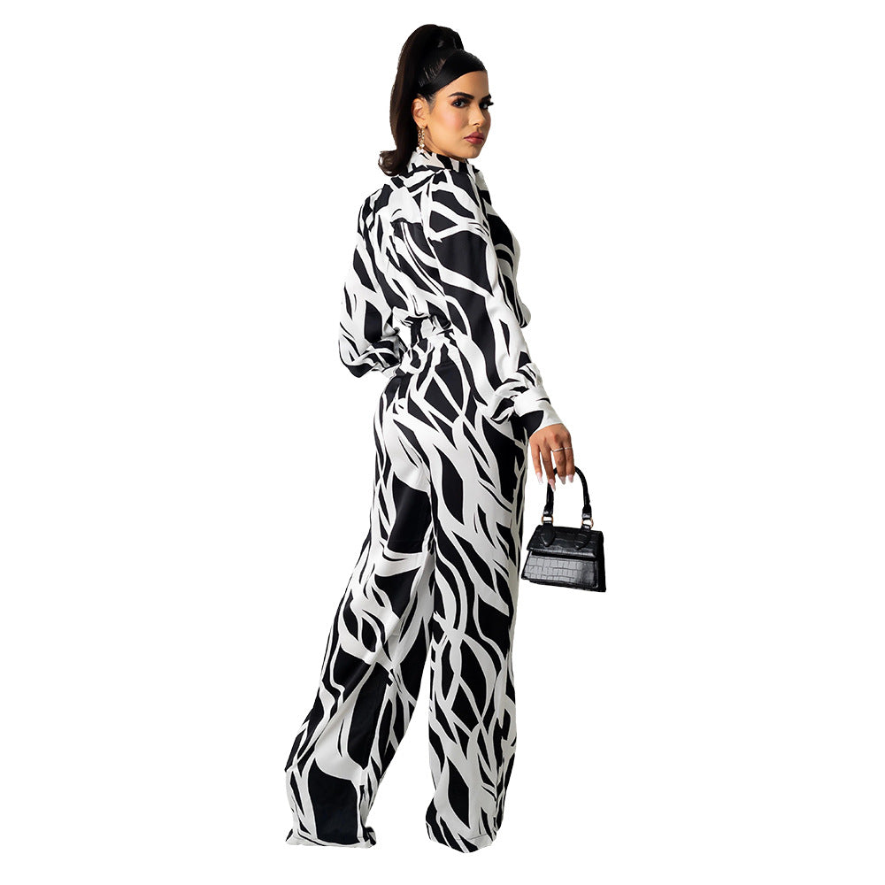 Women Irregular Printed Shirt and PantCasual Two-piece Set including Belt 6