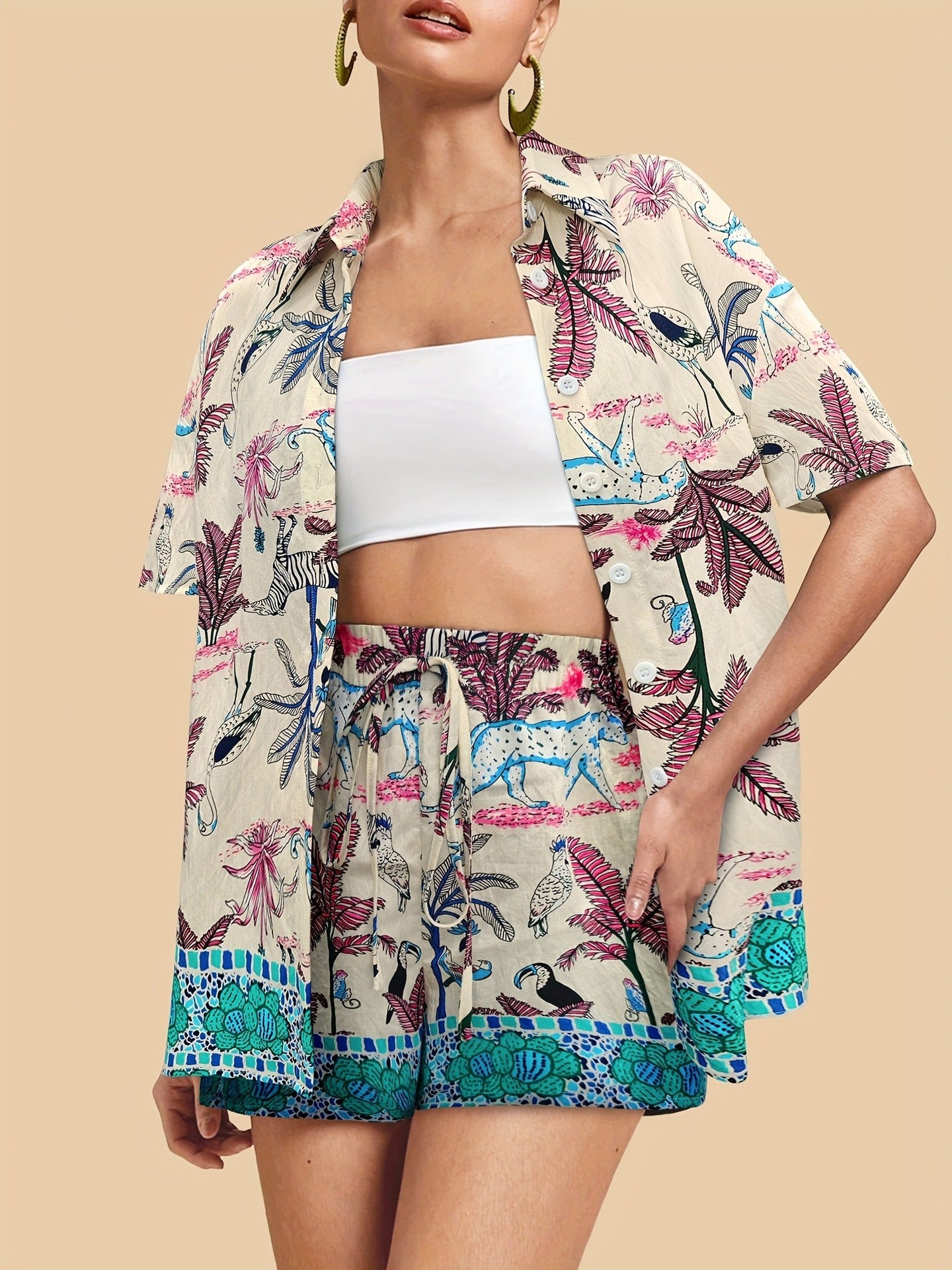 Summer Holidays Bohemian Print Turndown Collar short sleeve shirt top elastic waist shorts two-piece set