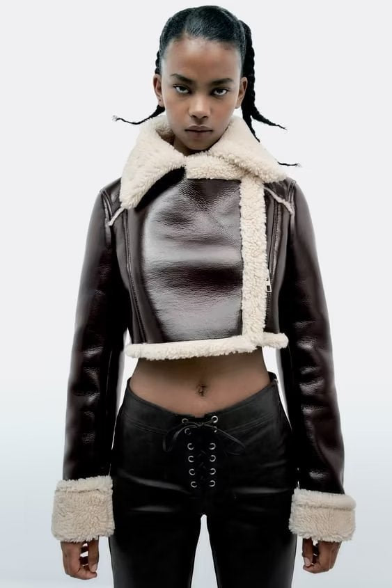 Winter Women Turndown Collar Lamb Wool PU-Leather Crop Jacket 3