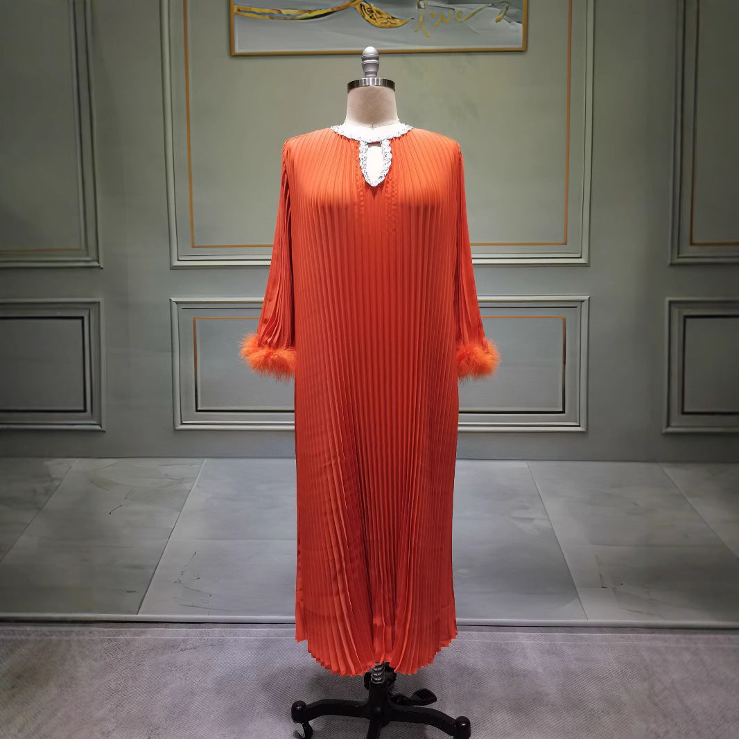 Plus Size Women Round Neck Ostrich Feather Dress 5