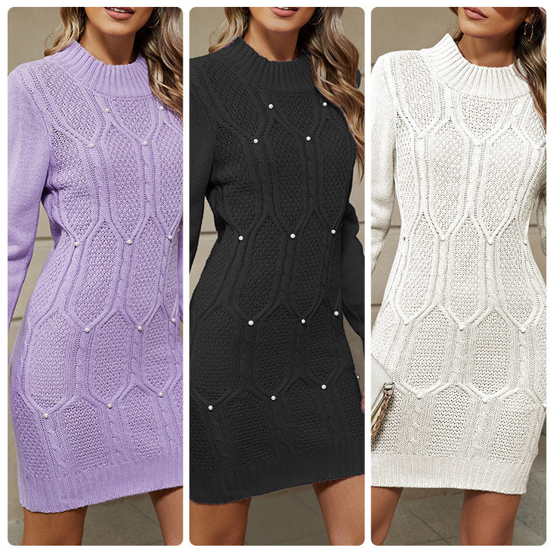 Women autumn and winter Round Neck beaded bodycon sweater dress 7