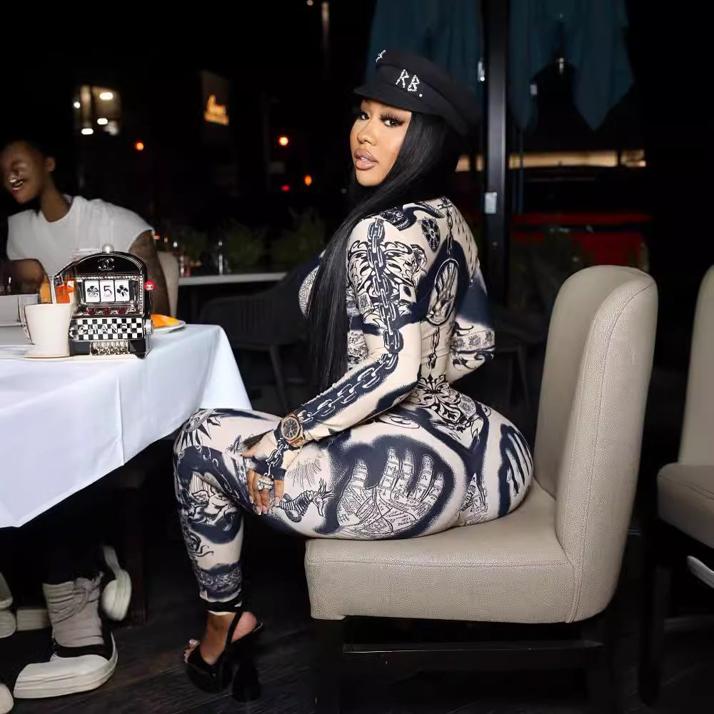 Spring Women's Clothing Sexy Printed Long Sleeve Tight Fitting Jumpsuit