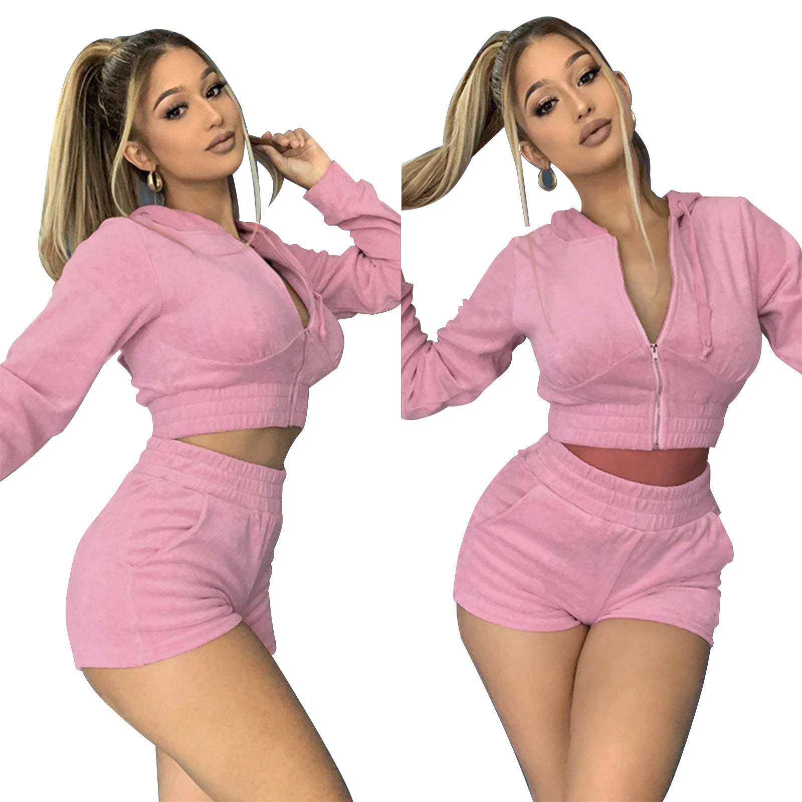 Women's Autumn Solid Velvet Hooded Long Sleeve Tight Fitting Two Piece Tracksuit 35