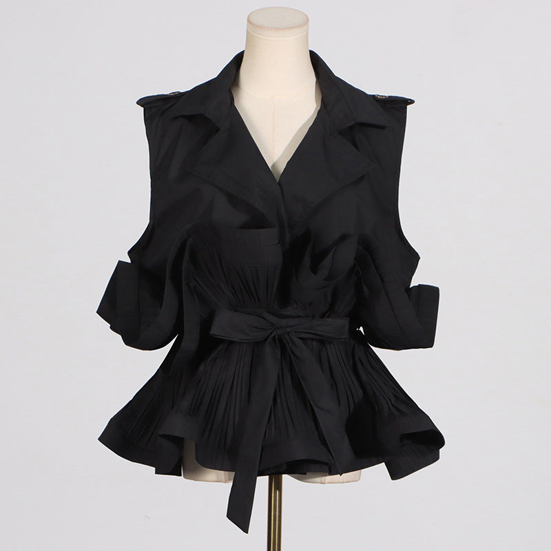 Spring Summer Fashionable Chic Khaki V-Neck Pleated Patchwork Sleeveless Lace-Up Women's Shirt 8