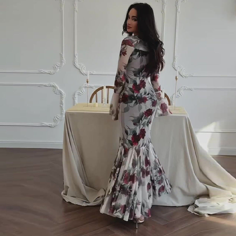 Women autumn French print fishtail bodycon dress 4