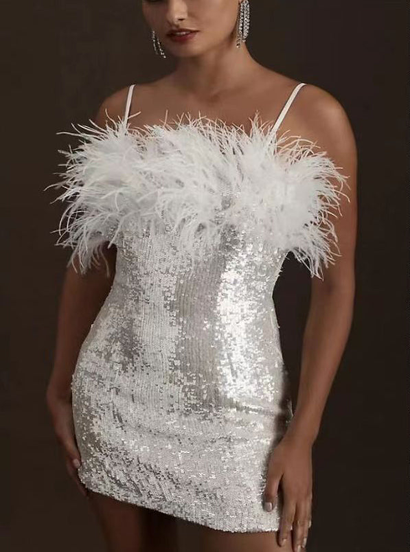 Women Party Dresses Faux Fur Patchwork Sequins Off Shoulder Sexy Strapless Dress