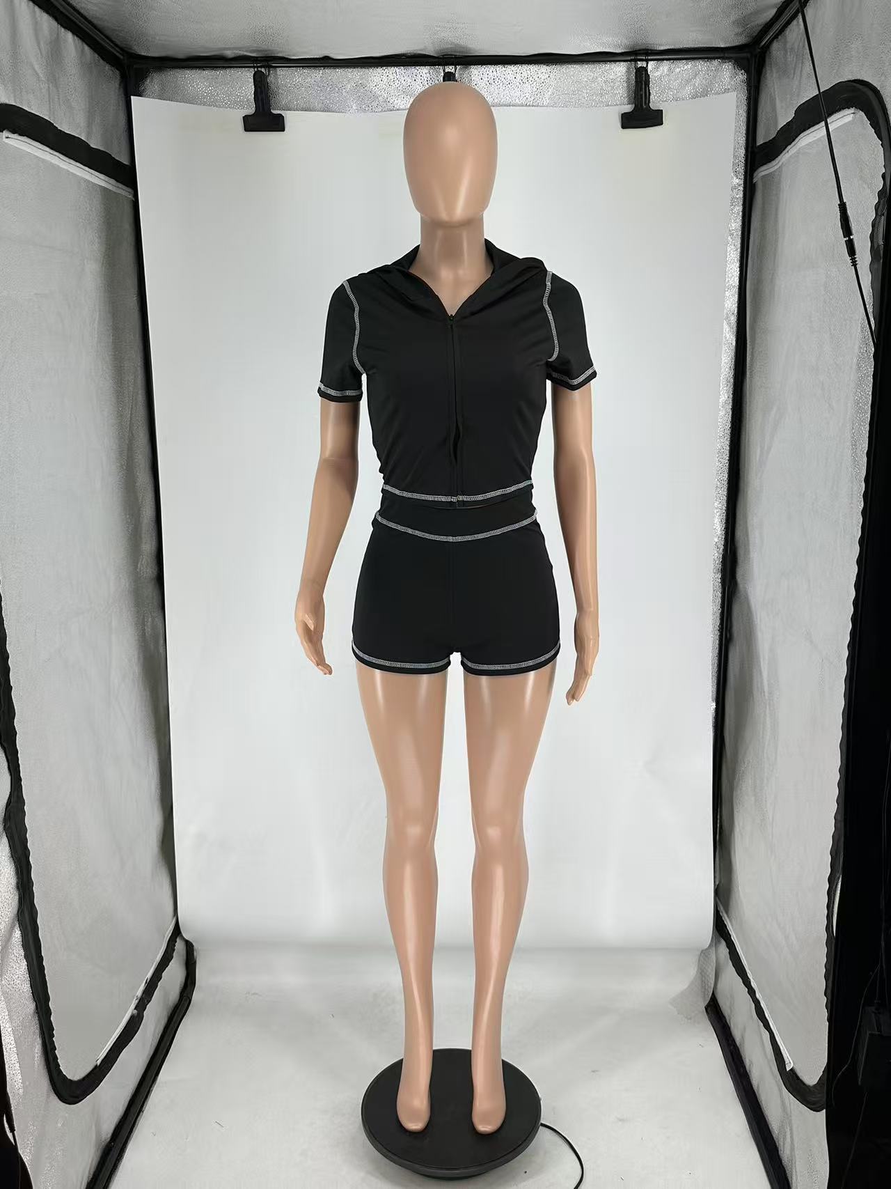 Summer Zipper Hooded High Stretch Sports Casual Short Sleeve Two Piece Shorts Set 14