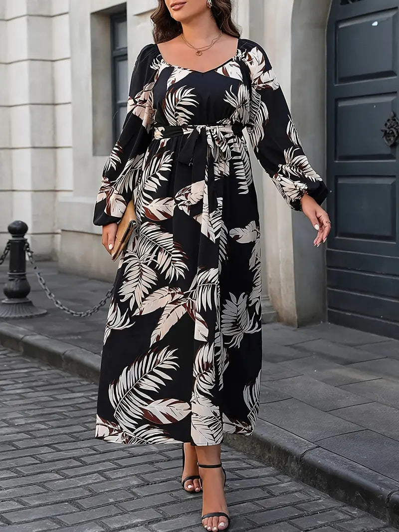 Leaf Print Lantern Sleeve Belt Waist Plus Size Women's Dress 4