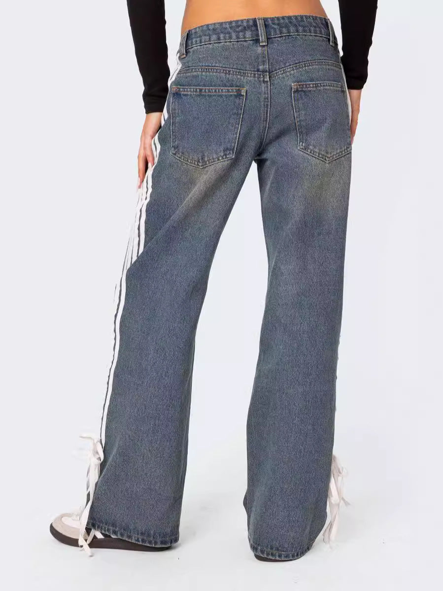 Women Loose Stripe Denim Wide-leg Pants 5