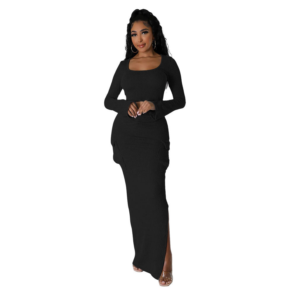 U-neck Tight Fitting short top with high waist and slit Bodycon long skirt autumn and winter two-piece set 19