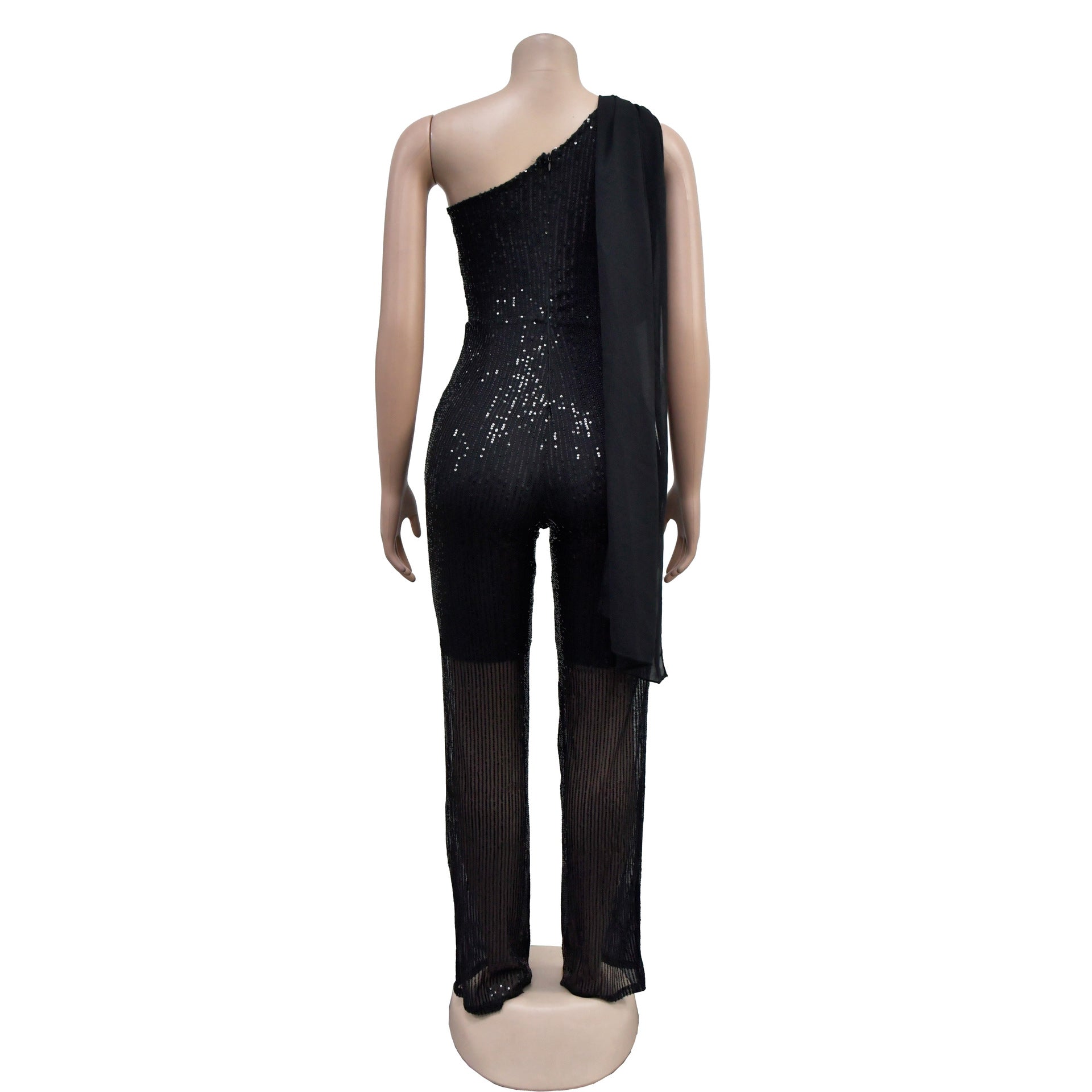 Women Solid Sleeveless One Shoulder Sequin Jumpsuit 22