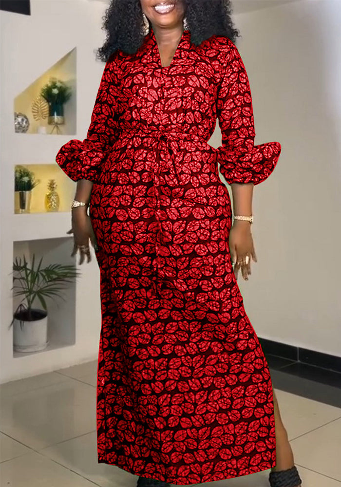 Sexy Print Drawstring Slim Waist Slit Dress