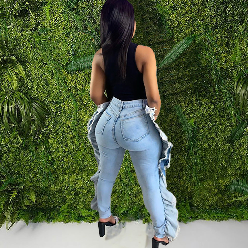 Women's Denim Pants Streetwear Casual Frayed Side Ruffles Tight Fitting Stretch Jeans 3