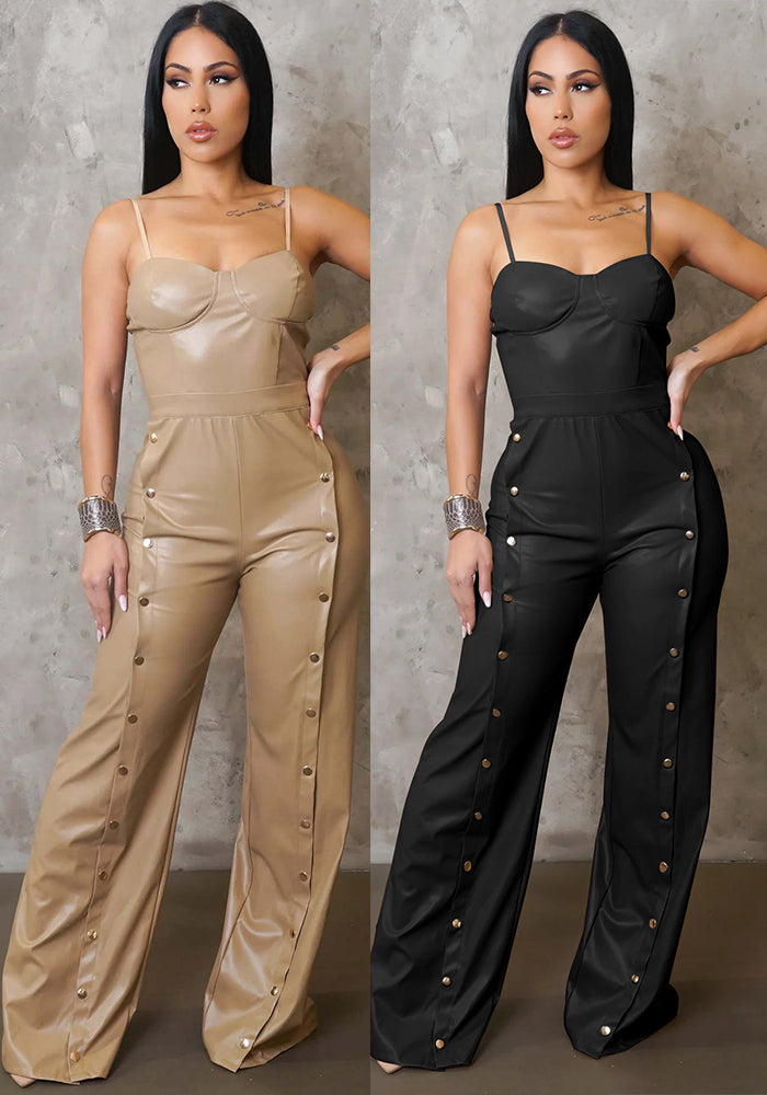 Women's PU Leather Strap Sleeveless Wide-Leg Jumpsuit